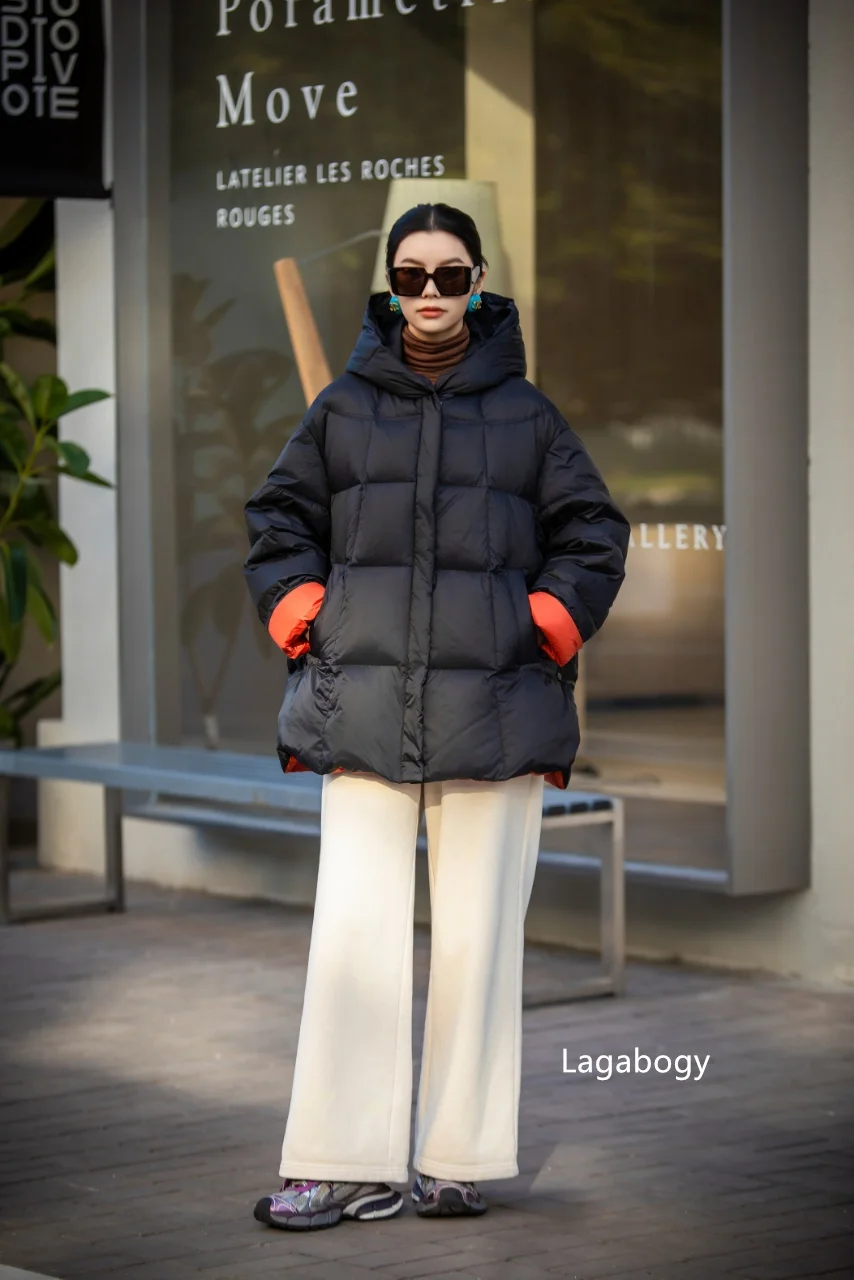 Lagabogy 2026 New Winter Women Puffer Jacket Casual Loose Over Size Warm Outwear Female 90% White Duck Down Coat Hooded Outwear