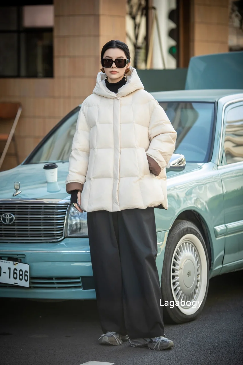 Lagabogy 2026 New Winter Women Puffer Jacket Casual Loose Over Size Warm Outwear Female 90% White Duck Down Coat Hooded Outwear