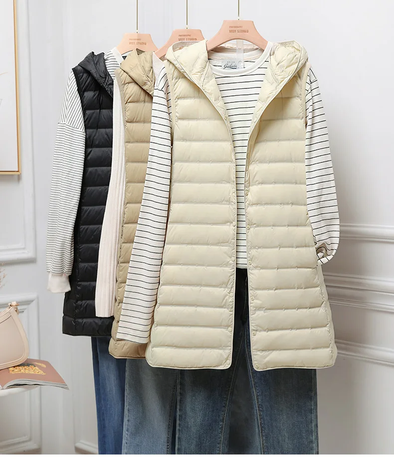 SEDUTMO Winter Duck Down Vest Women Ultra Light Thin Long hooded Jackets Slim Waistcoat Casual Basic Parkas ED1769