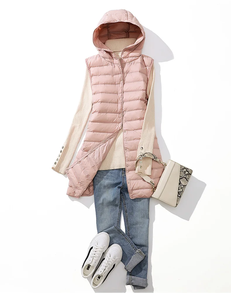 SEDUTMO Winter Duck Down Vest Women Ultra Light Thin Long hooded Jackets Slim Waistcoat Casual Basic Parkas ED1769