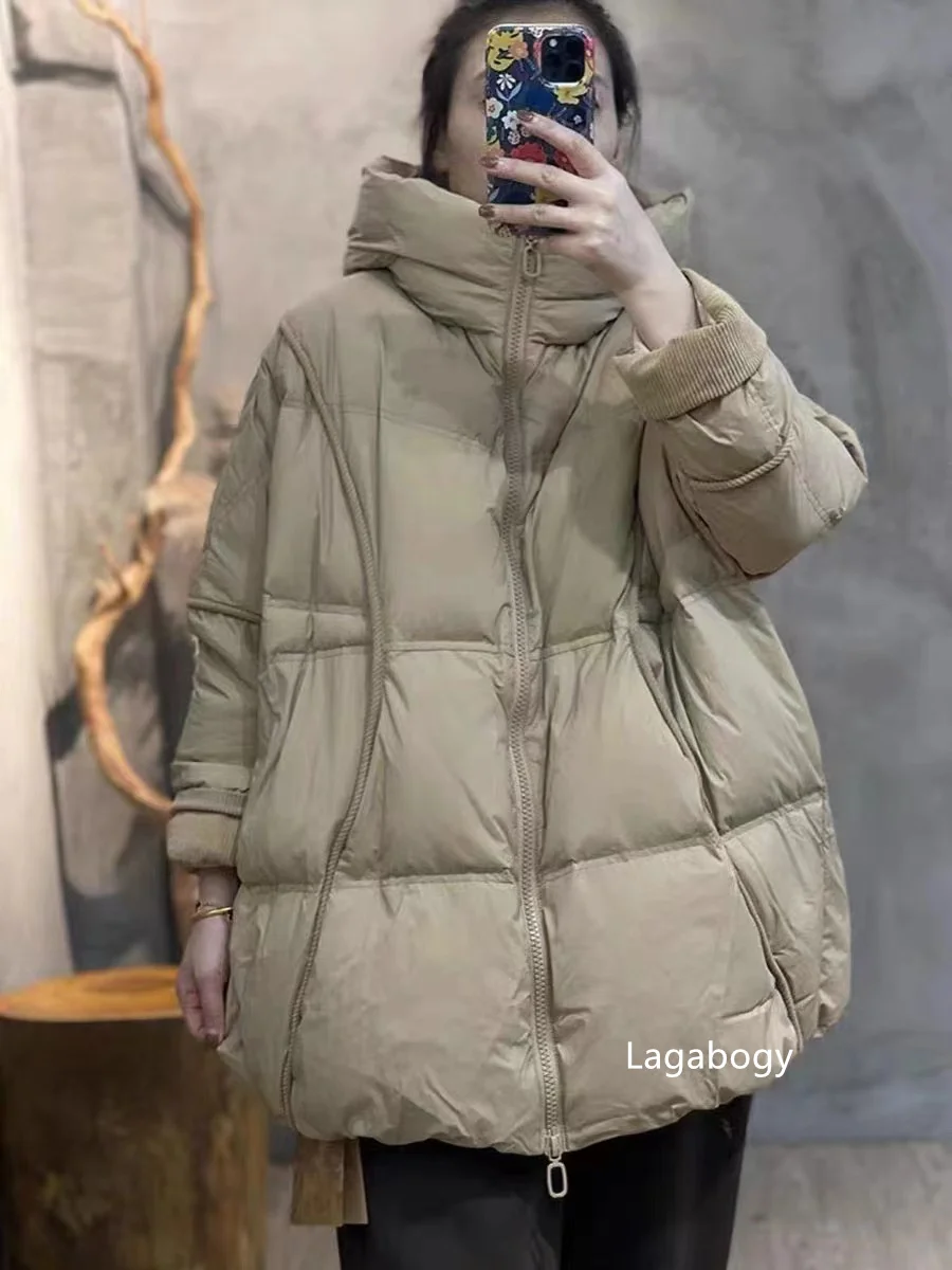 Lagabogy 2025 Winter Women 90%White Duck Down Jacket Hooded Warm Oversize Puffer Coat Female Casual Loose Parka Pocket Outerwear