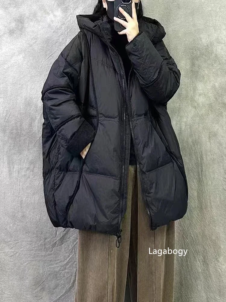 Lagabogy 2025 Winter Women 90%White Duck Down Jacket Hooded Warm Oversize Puffer Coat Female Casual Loose Parka Pocket Outerwear