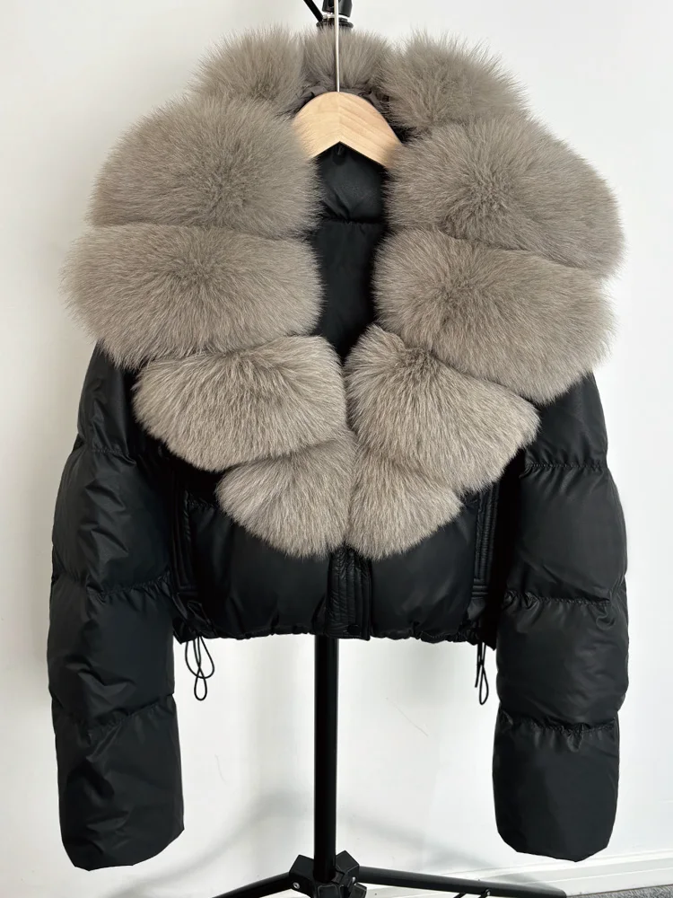 Janveny Large Natural Fox Fur Collar 90% White Duck Down Jacket Women Winter Short Waterproof PU Puffer Coat Female Thick Parkas