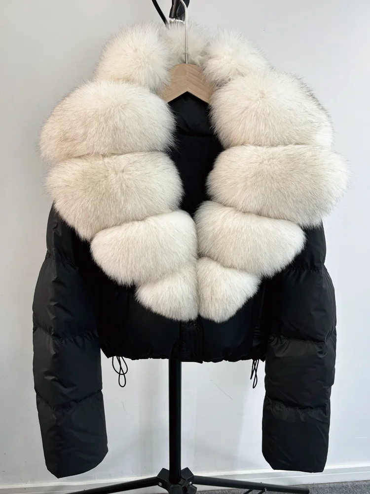 Janveny Large Natural Fox Fur Collar 90% White Duck Down Jacket Women Winter Short Waterproof PU Puffer Coat Female Thick Parkas