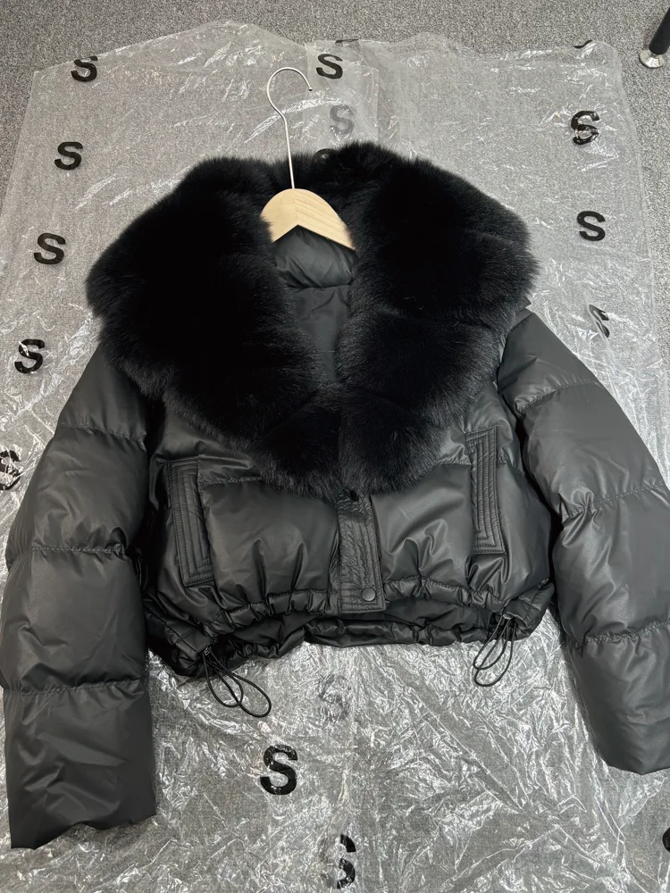Janveny Large Natural Fox Fur Collar 90% White Duck Down Jacket Women Winter Short Waterproof PU Puffer Coat Female Thick Parkas
