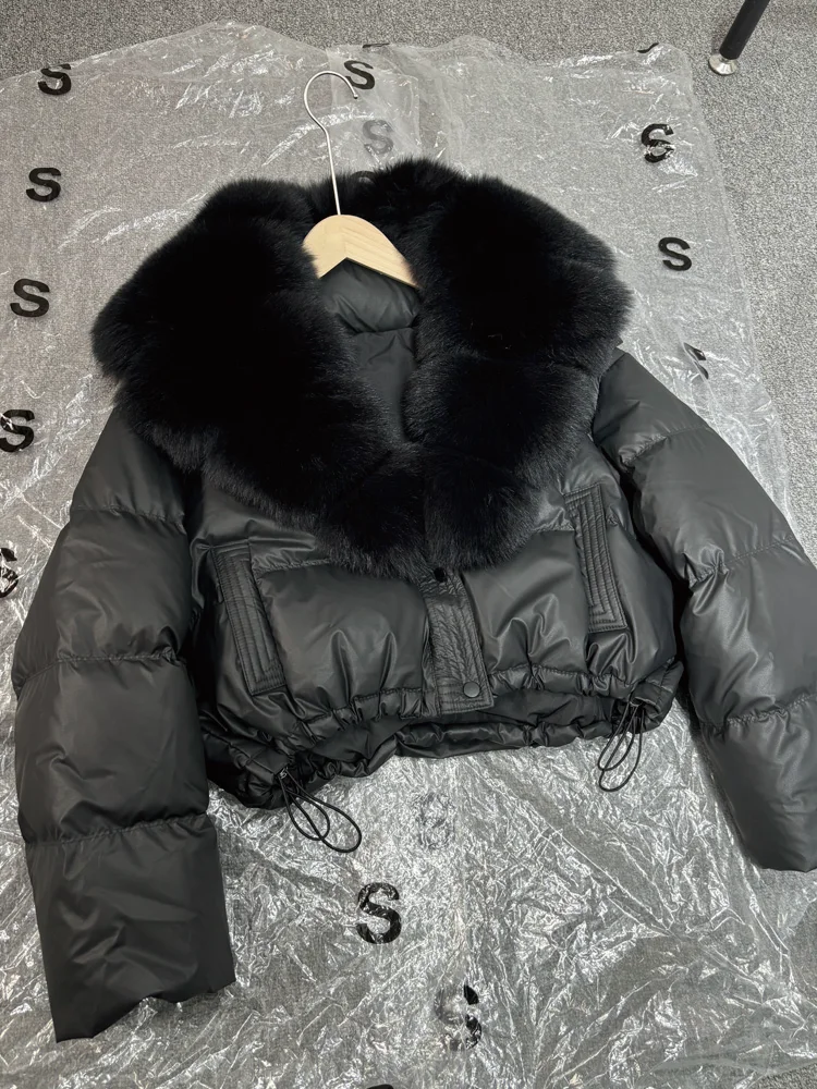 Janveny Large Natural Fox Fur Collar 90% White Duck Down Jacket Women Winter Short Waterproof PU Puffer Coat Female Thick Parkas