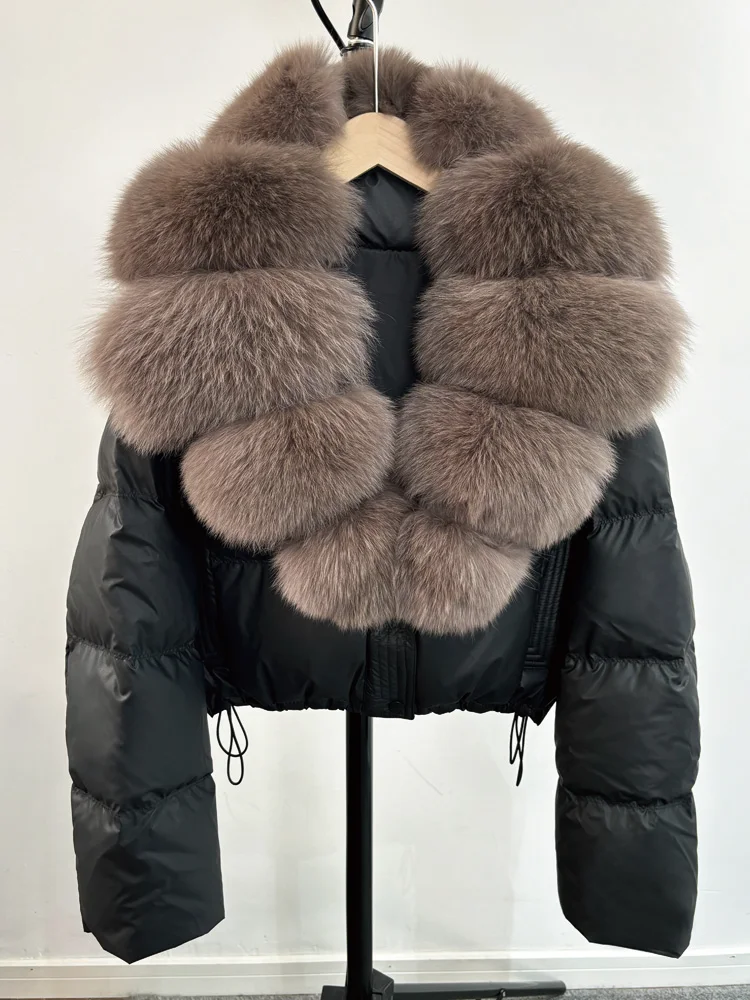Janveny Large Natural Fox Fur Collar 90% White Duck Down Jacket Women Winter Short Waterproof PU Puffer Coat Female Thick Parkas
