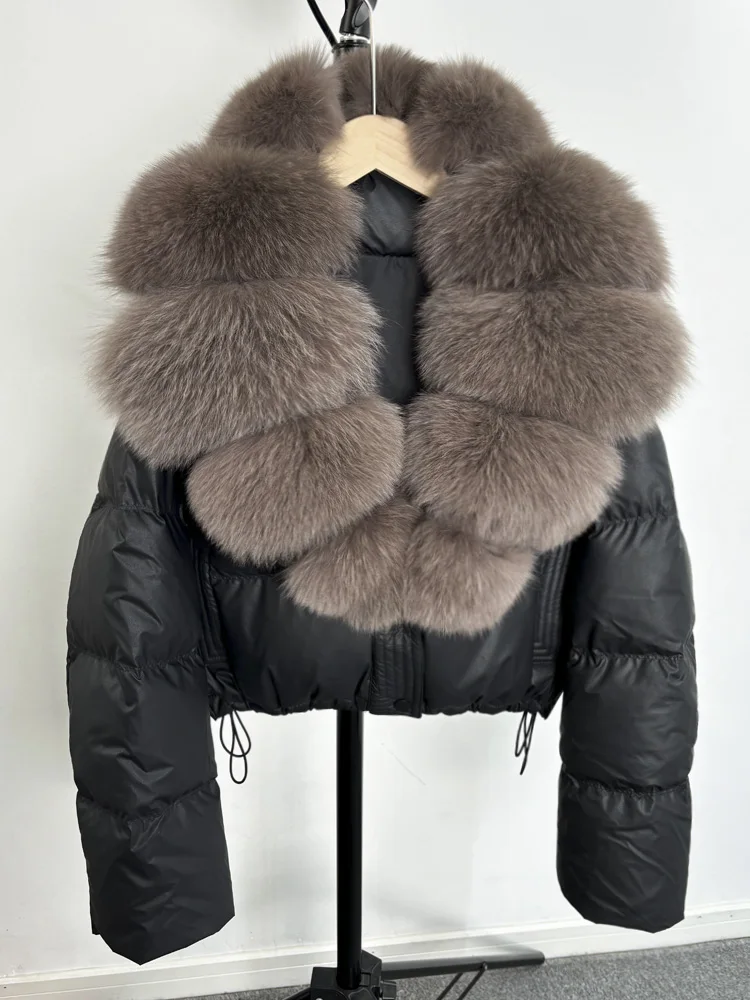 Janveny Large Natural Fox Fur Collar 90% White Duck Down Jacket Women Winter Short Waterproof PU Puffer Coat Female Thick Parkas