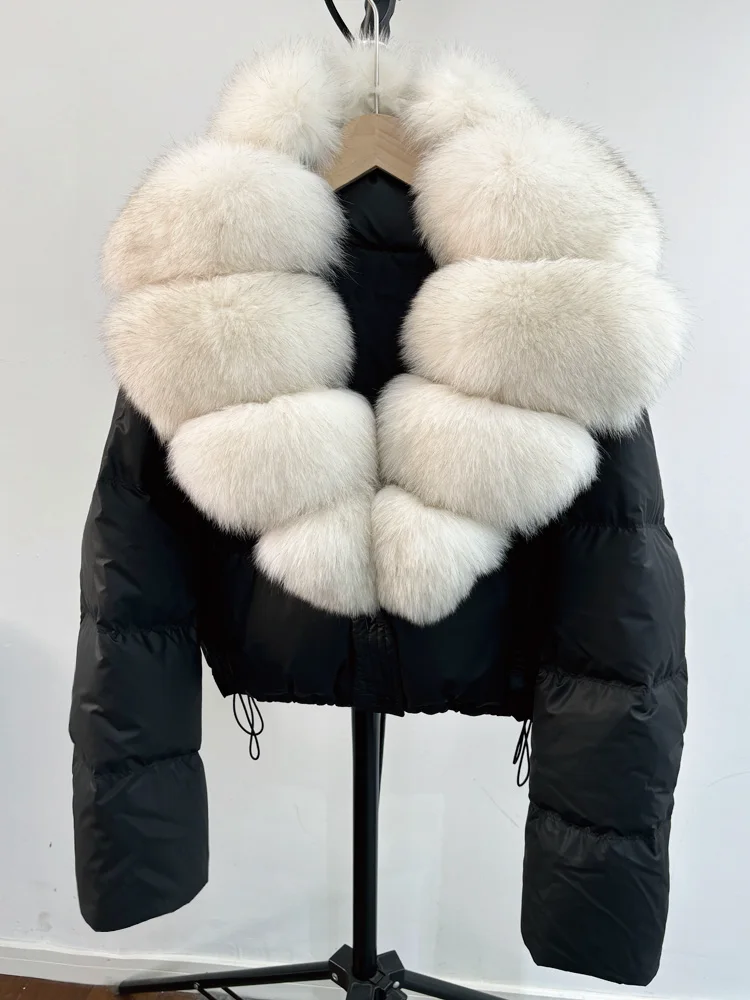 Janveny Large Natural Fox Fur Collar 90% White Duck Down Jacket Women Winter Short Waterproof PU Puffer Coat Female Thick Parkas