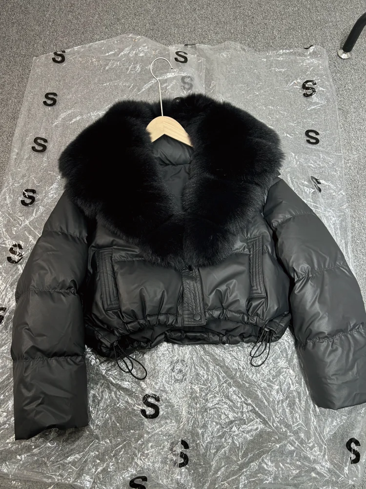 Janveny Large Natural Fox Fur Collar 90% White Duck Down Jacket Women Winter Short Waterproof PU Puffer Coat Female Thick Parkas