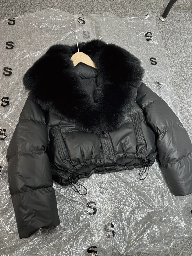 Janveny Large Natural Fox Fur Collar 90% White Duck Down Jacket Women Winter Short Waterproof PU Puffer Coat Female Thick Parkas