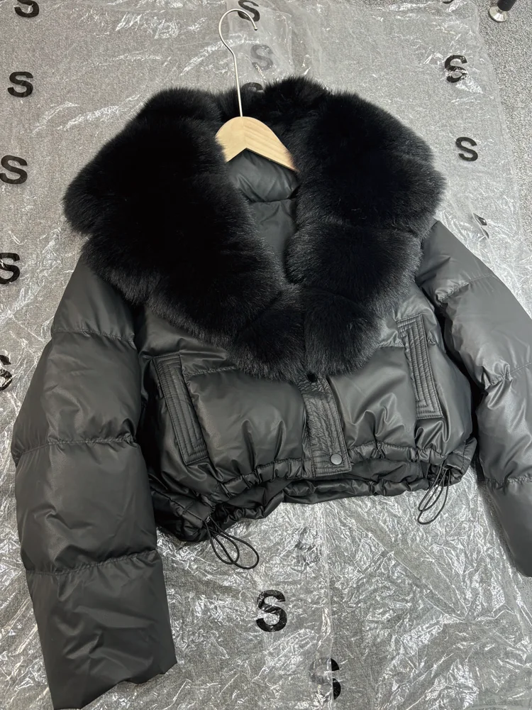 Janveny Large Natural Fox Fur Collar 90% White Duck Down Jacket Women Winter Short Waterproof PU Puffer Coat Female Thick Parkas