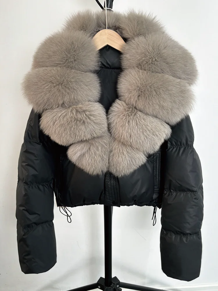 Janveny Large Natural Fox Fur Collar 90% White Duck Down Jacket Women Winter Short Waterproof PU Puffer Coat Female Thick Parkas