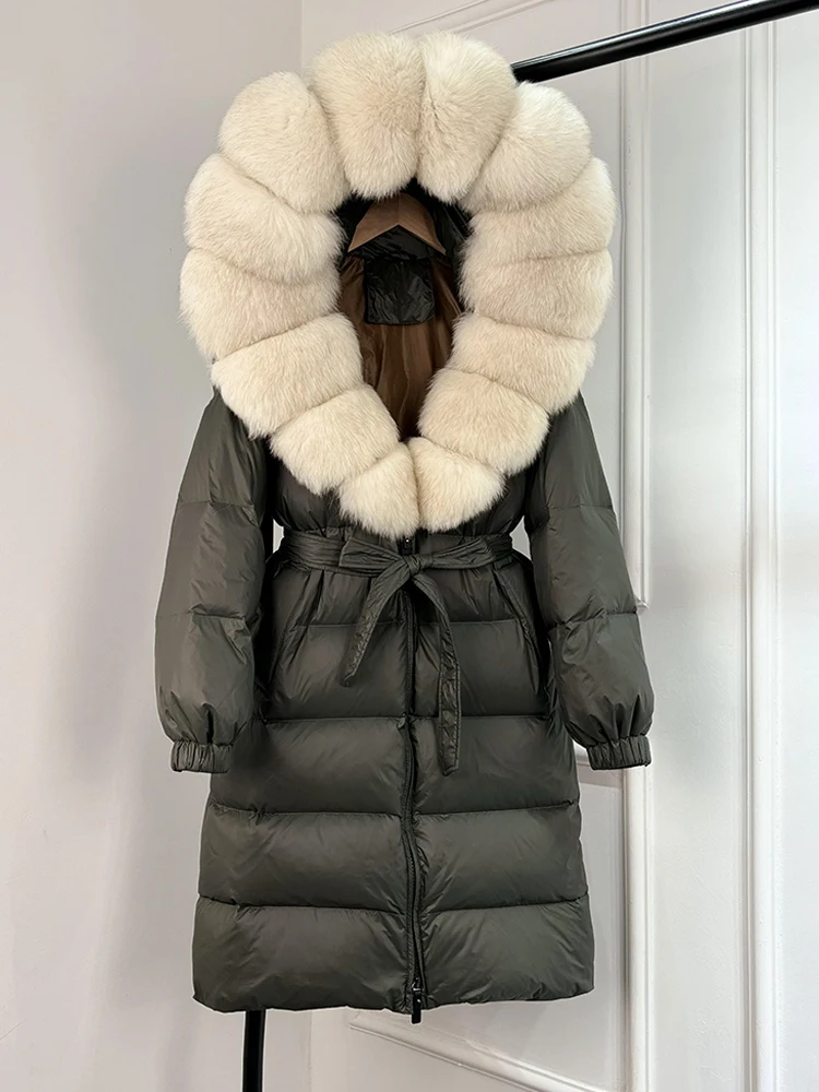 Janveny 2026 Winter Puffer Jacket Women Large Real Fox Fur Hooded Thick Warm White Duck Down Coat Long Female Parkas Waterproof