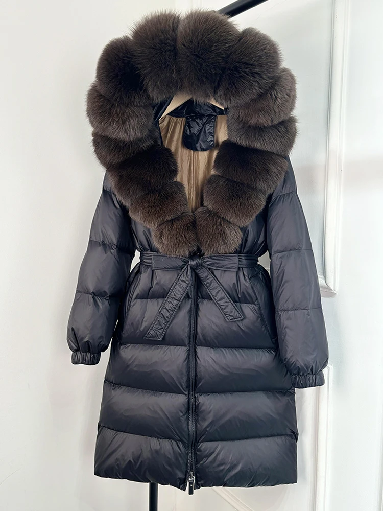 Janveny 2026 Winter Puffer Jacket Women Large Real Fox Fur Hooded Thick Warm White Duck Down Coat Long Female Parkas Waterproof