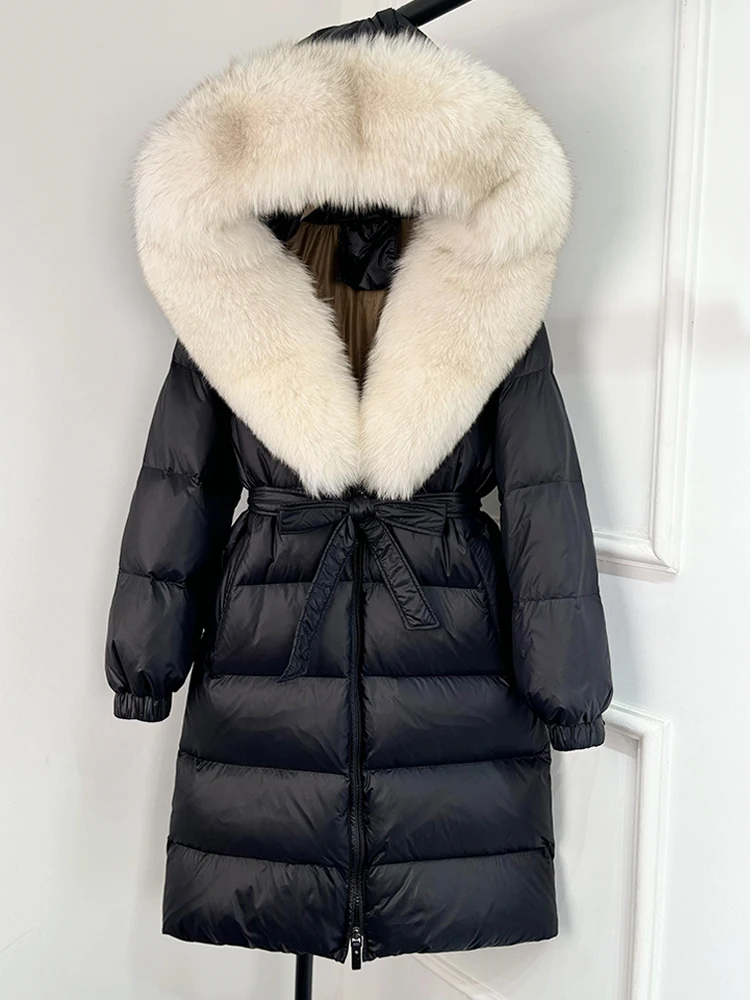 Janveny 2026 Winter Puffer Jacket Women Large Real Fox Fur Hooded Thick Warm White Duck Down Coat Long Female Parkas Waterproof