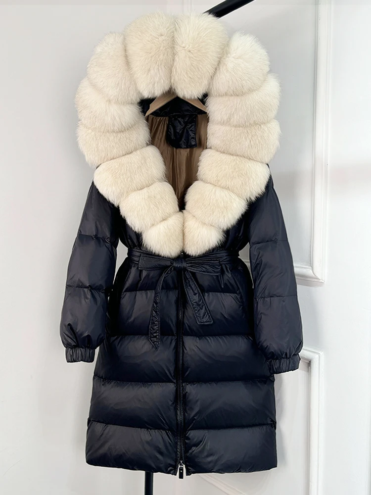Janveny 2026 Winter Puffer Jacket Women Large Real Fox Fur Hooded Thick Warm White Duck Down Coat Long Female Parkas Waterproof