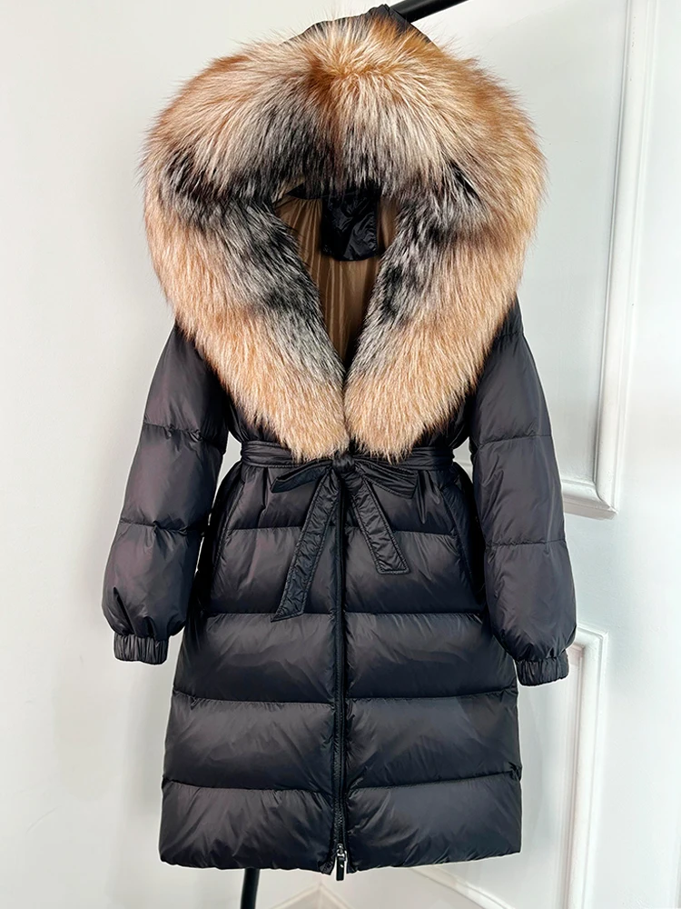 Janveny 2026 Winter Puffer Jacket Women Large Real Fox Fur Hooded Thick Warm White Duck Down Coat Long Female Parkas Waterproof