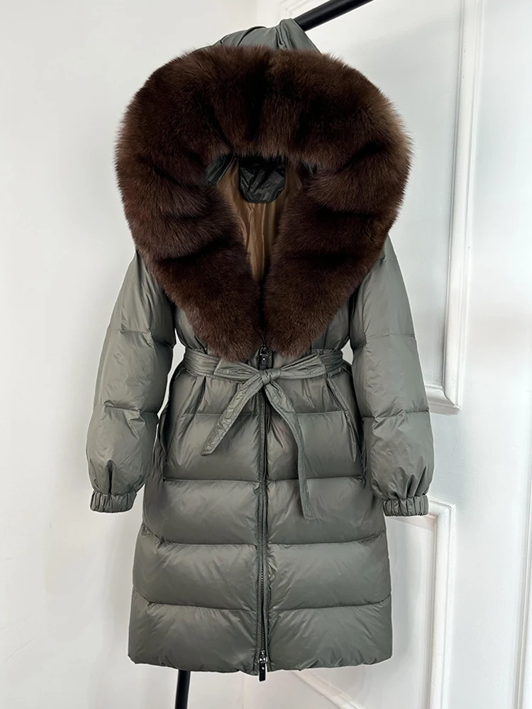 Janveny 2026 Winter Puffer Jacket Women Large Real Fox Fur Hooded Thick Warm White Duck Down Coat Long Female Parkas Waterproof