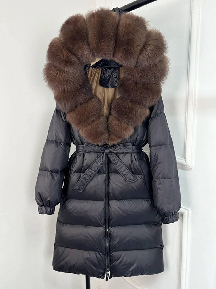 Janveny 2026 Winter Puffer Jacket Women Large Real Fox Fur Hooded Thick Warm White Duck Down Coat Long Female Parkas Waterproof