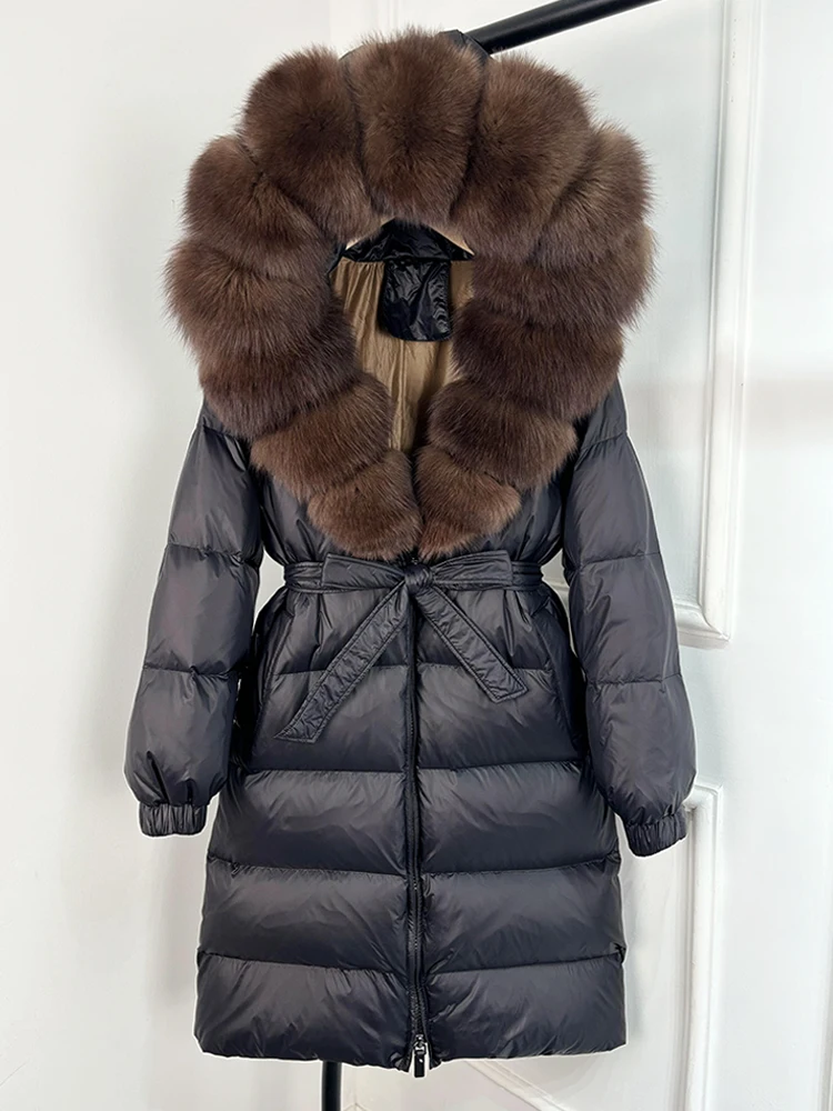 Janveny 2026 Winter Puffer Jacket Women Large Real Fox Fur Hooded Thick Warm White Duck Down Coat Long Female Parkas Waterproof