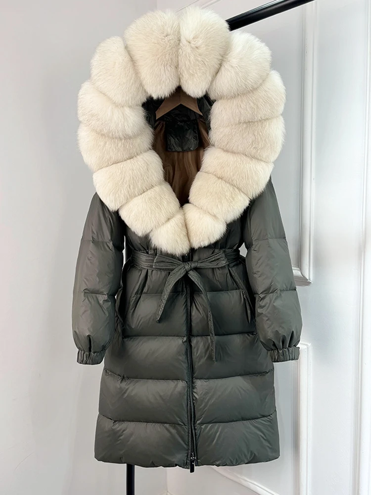 Janveny 2026 Winter Puffer Jacket Women Large Real Fox Fur Hooded Thick Warm White Duck Down Coat Long Female Parkas Waterproof