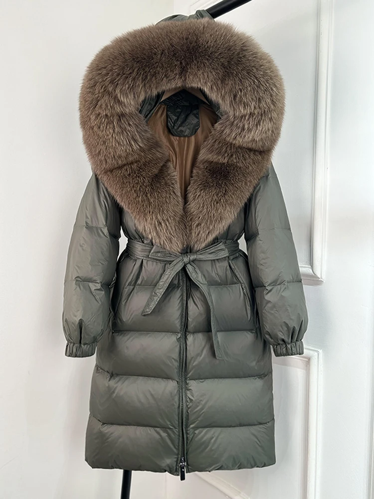 Janveny 2026 Winter Puffer Jacket Women Large Real Fox Fur Hooded Thick Warm White Duck Down Coat Long Female Parkas Waterproof