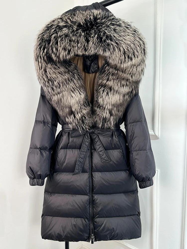 Janveny 2026 Winter Puffer Jacket Women Large Real Fox Fur Hooded Thick Warm White Duck Down Coat Long Female Parkas Waterproof