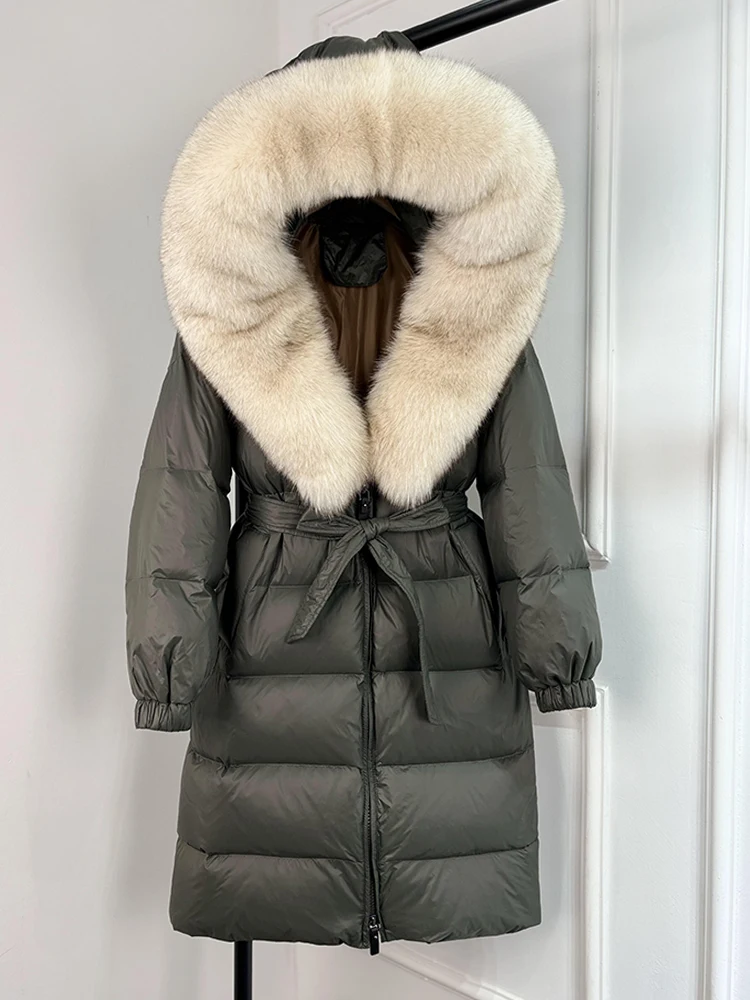Janveny 2026 Winter Puffer Jacket Women Large Real Fox Fur Hooded Thick Warm White Duck Down Coat Long Female Parkas Waterproof