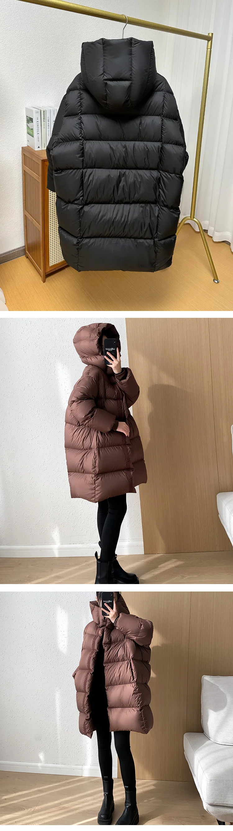 Janveny 2025 New Winter Hoodie White Duck Down Coat Women Thickened Warm Fluffy Solid Color Oversized Long Puffer Bread Jacket