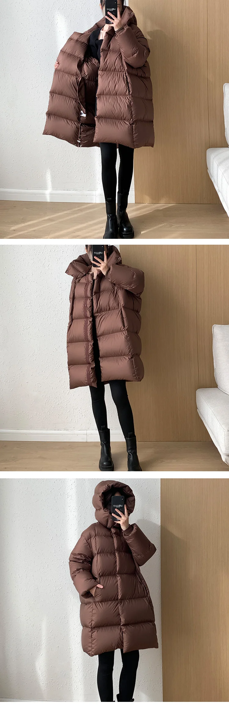 Janveny 2025 New Winter Hoodie White Duck Down Coat Women Thickened Warm Fluffy Solid Color Oversized Long Puffer Bread Jacket