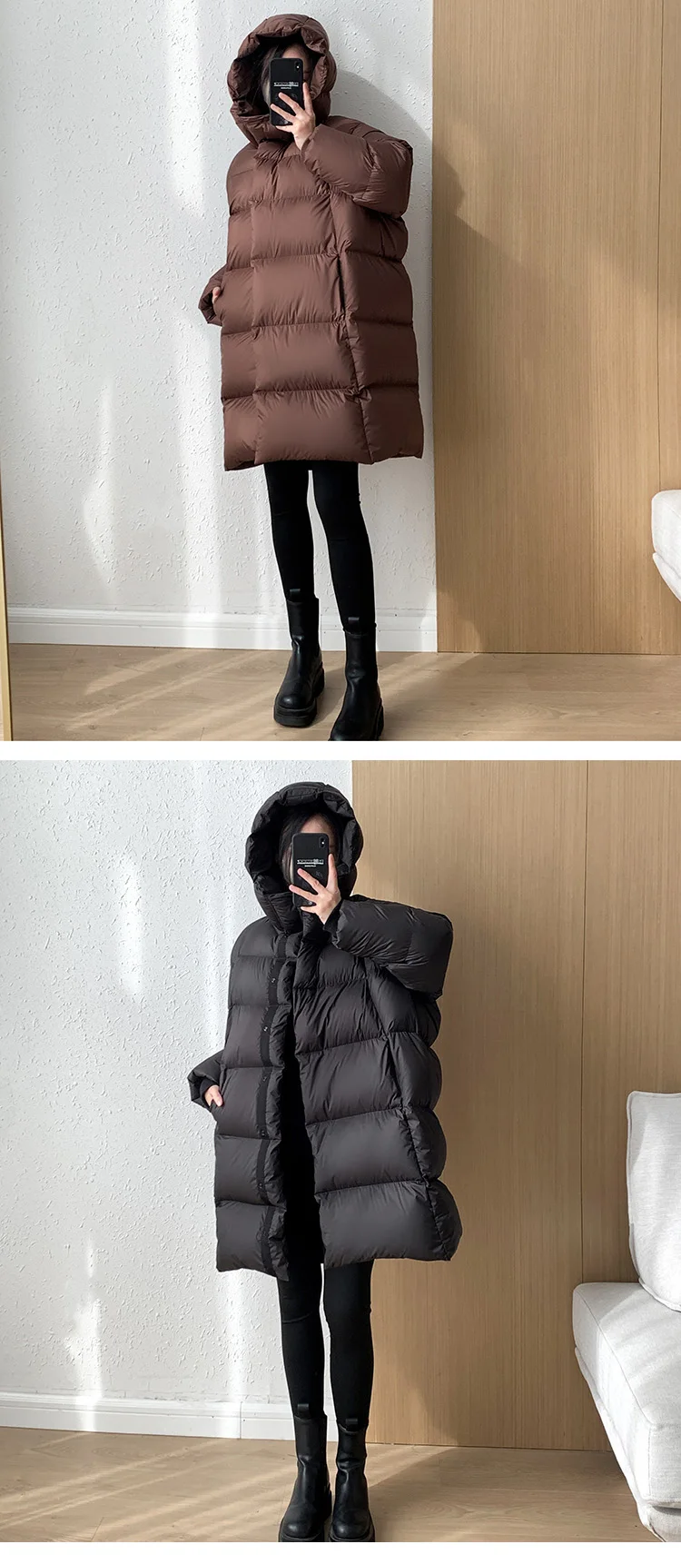 Janveny 2025 New Winter Hoodie White Duck Down Coat Women Thickened Warm Fluffy Solid Color Oversized Long Puffer Bread Jacket