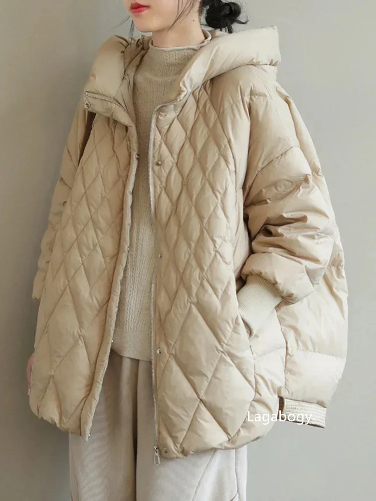 Lagabogy 2025 New Autumn Winter Women Hooded Loose 90% White Duck Down Jacket Casual Female Warm Puffer Coat Snow Parkas Outwear