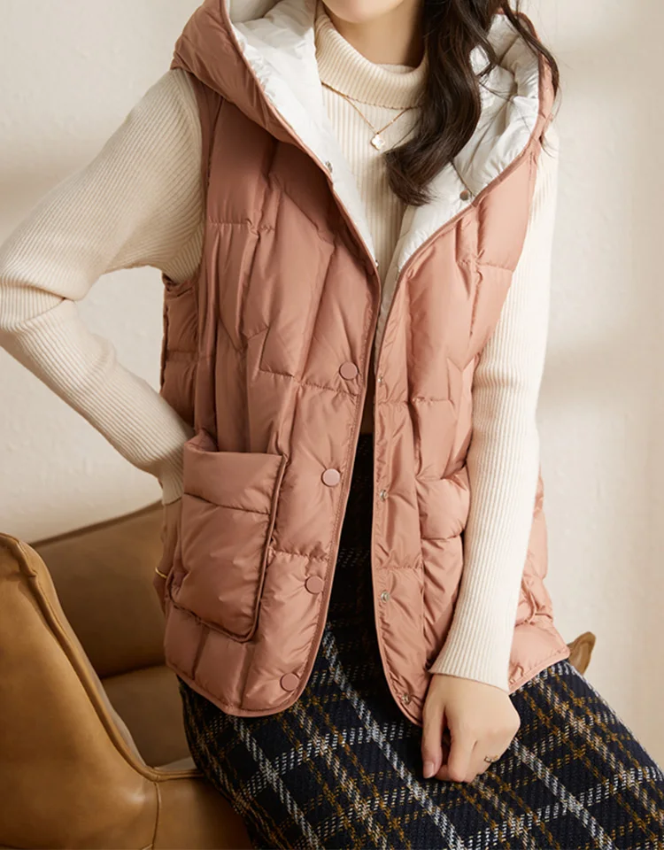 Janveny 2025 New Fashion Women Hooded Down Sleeveless Vest Women Lightweight Seamless White Duck Feather Puffer Short Waistcoat