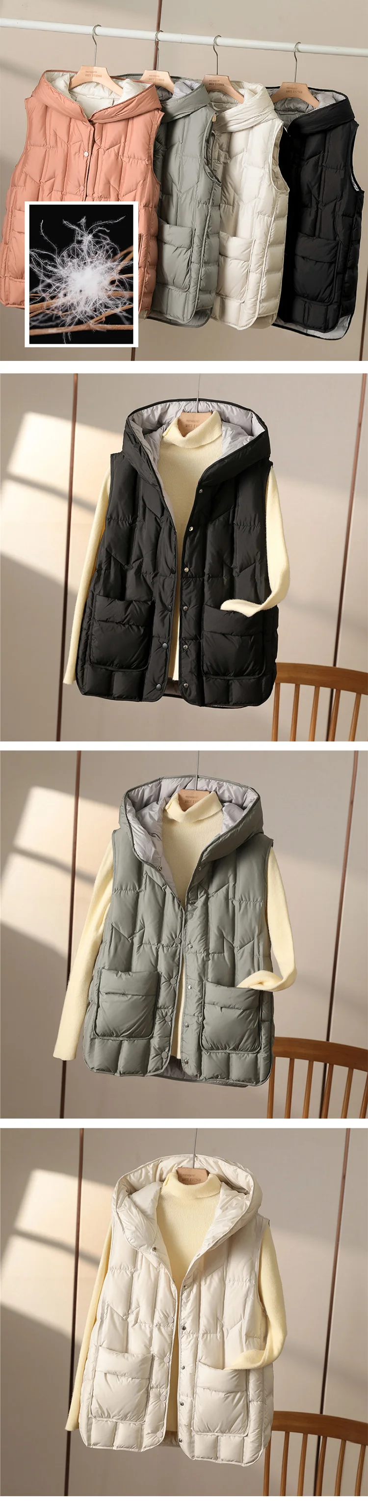 Janveny 2025 New Fashion Women Hooded Down Sleeveless Vest Women Lightweight Seamless White Duck Feather Puffer Short Waistcoat