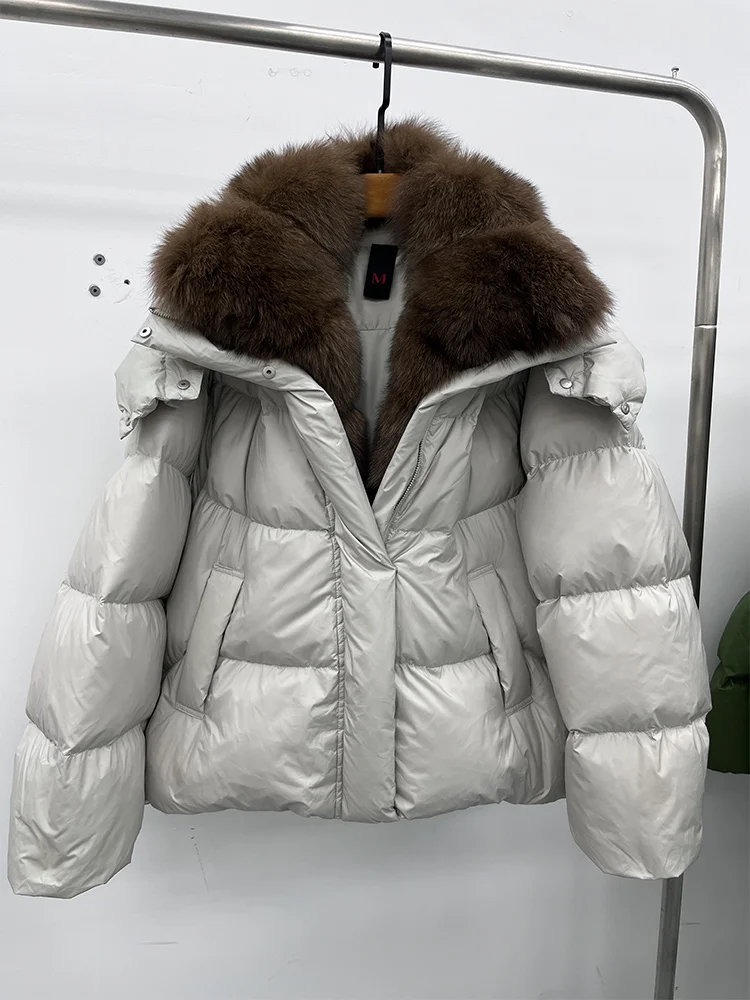 New Fashion Winter Women Goose Down Jacket Real Fox Raccoon Fur Collar Jacket Detachable Sleeves Thick Warm Luxury Female Coat