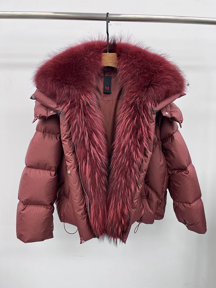 New Fashion Winter Women Goose Down Jacket Real Fox Raccoon Fur Collar Jacket Detachable Sleeves Thick Warm Luxury Female Coat
