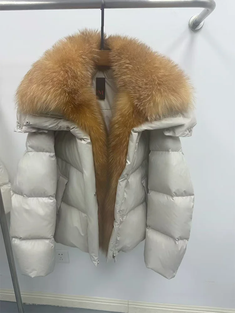 New Fashion Winter Women Goose Down Jacket Real Fox Raccoon Fur Collar Jacket Detachable Sleeves Thick Warm Luxury Female Coat