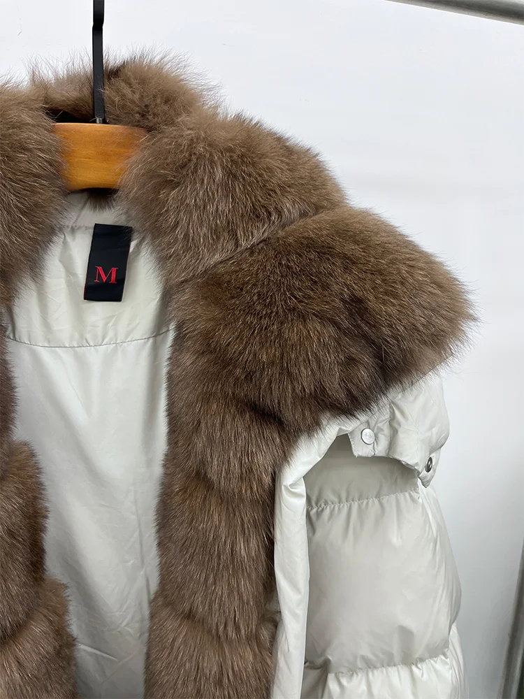 New Fashion Winter Women Goose Down Jacket Real Fox Raccoon Fur Collar Jacket Detachable Sleeves Thick Warm Luxury Female Coat
