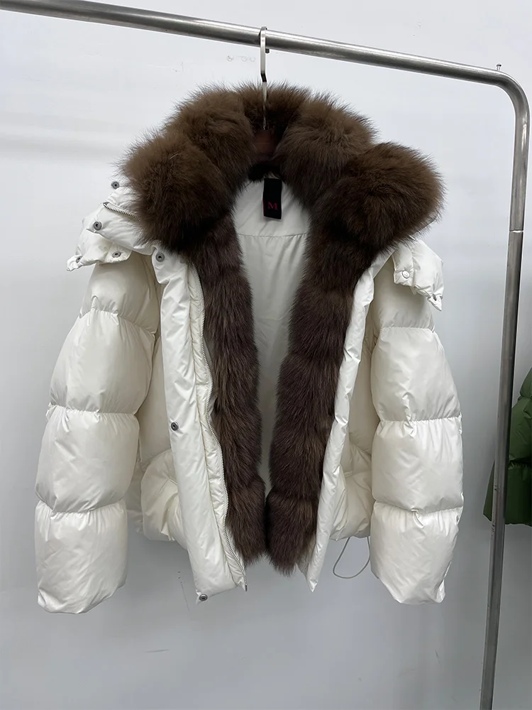 New Fashion Winter Women Goose Down Jacket Real Fox Raccoon Fur Collar Jacket Detachable Sleeves Thick Warm Luxury Female Coat