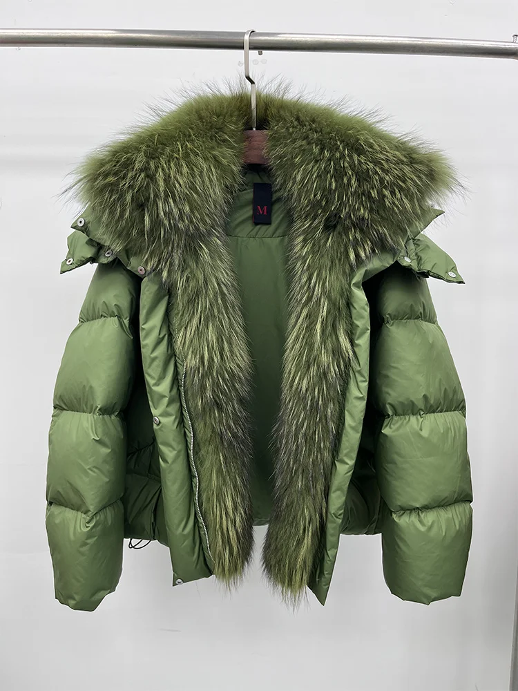 New Fashion Winter Women Goose Down Jacket Real Fox Raccoon Fur Collar Jacket Detachable Sleeves Thick Warm Luxury Female Coat