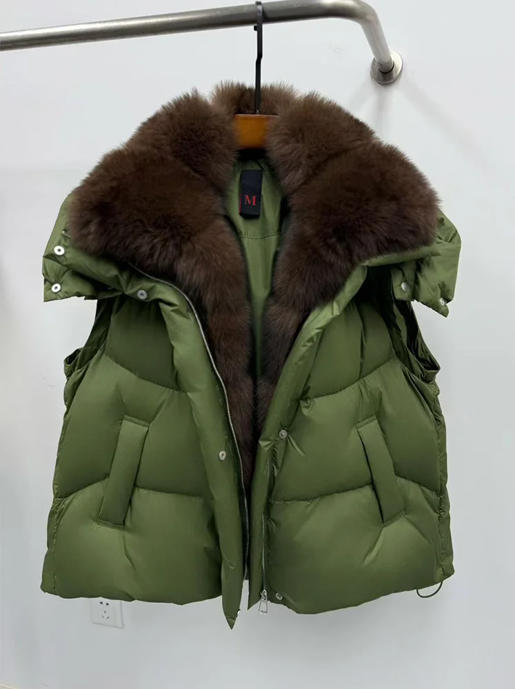 New Fashion Winter Women Goose Down Jacket Real Fox Raccoon Fur Collar Jacket Detachable Sleeves Thick Warm Luxury Female Coat