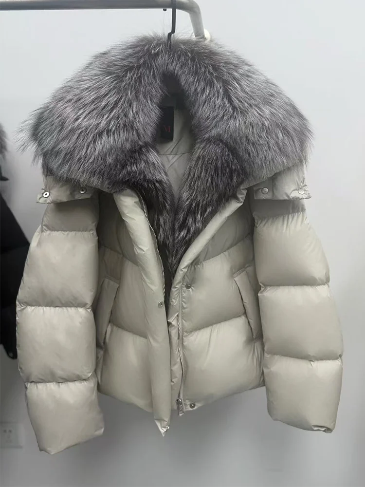 New Fashion Winter Women Goose Down Jacket Real Fox Raccoon Fur Collar Jacket Detachable Sleeves Thick Warm Luxury Female Coat