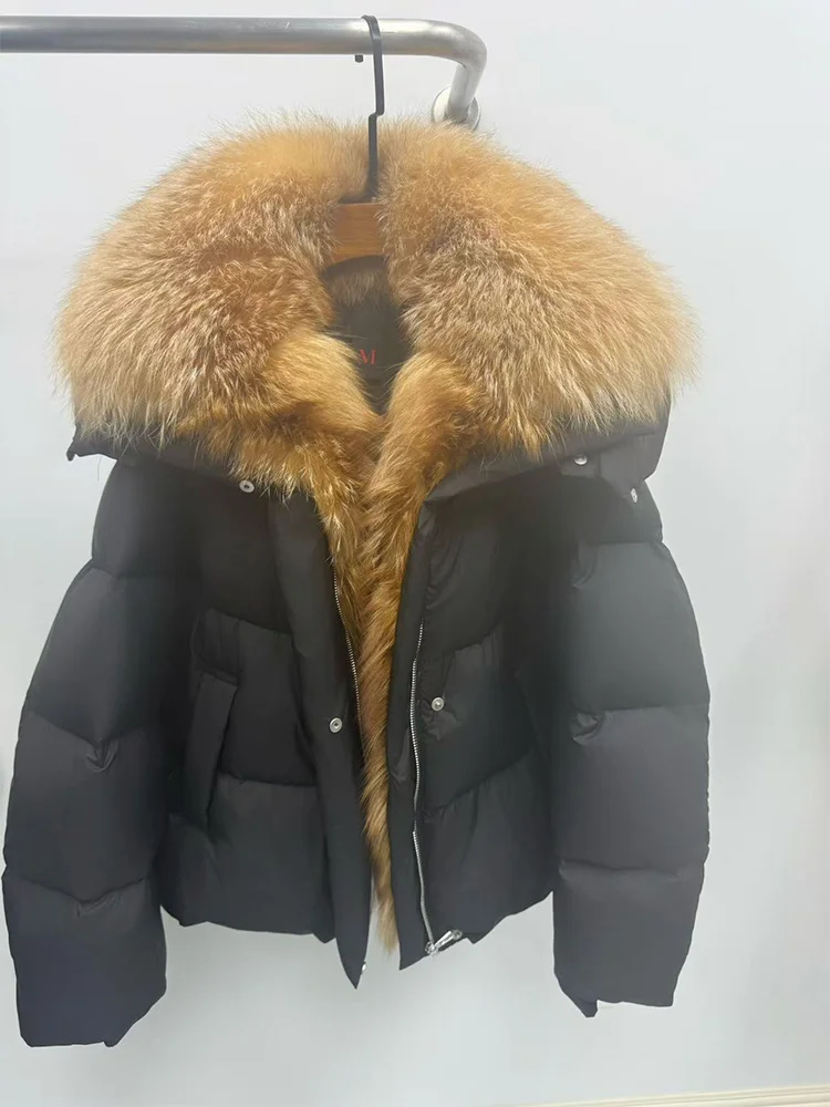 New Fashion Winter Women Goose Down Jacket Real Fox Raccoon Fur Collar Jacket Detachable Sleeves Thick Warm Luxury Female Coat