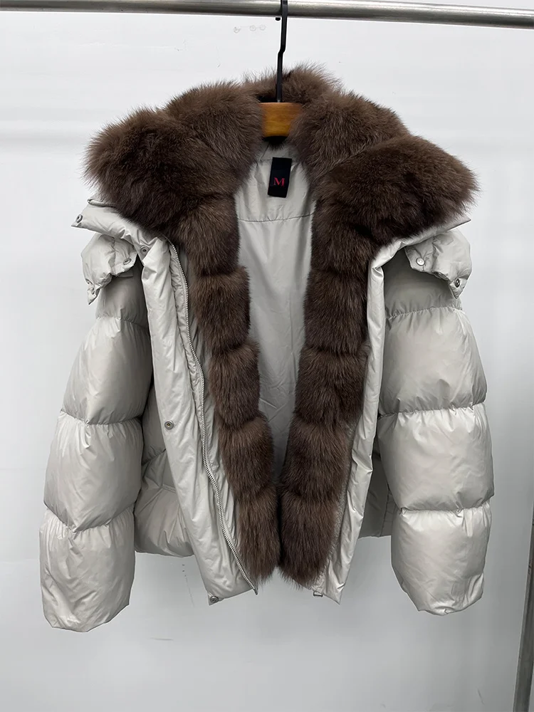 New Fashion Winter Women Goose Down Jacket Real Fox Raccoon Fur Collar Jacket Detachable Sleeves Thick Warm Luxury Female Coat