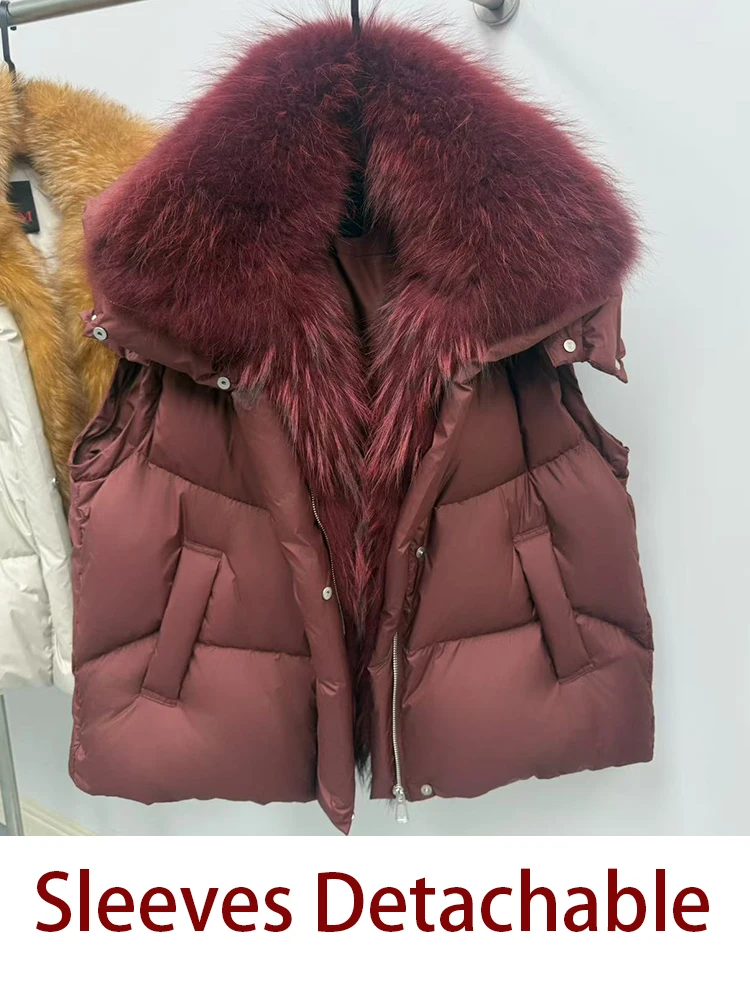 New Fashion Winter Women Goose Down Jacket Real Fox Raccoon Fur Collar Jacket Detachable Sleeves Thick Warm Luxury Female Coat