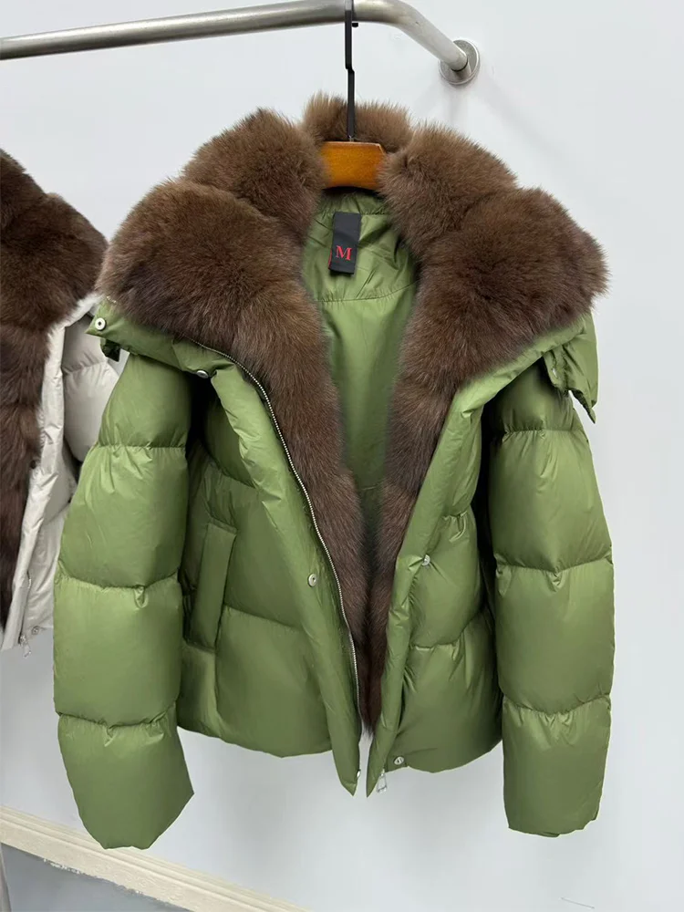 New Fashion Winter Women Goose Down Jacket Real Fox Raccoon Fur Collar Jacket Detachable Sleeves Thick Warm Luxury Female Coat