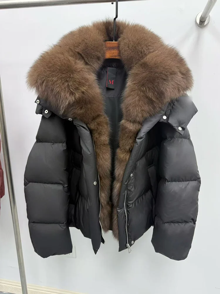 New Fashion Winter Women Goose Down Jacket Real Fox Raccoon Fur Collar Jacket Detachable Sleeves Thick Warm Luxury Female Coat