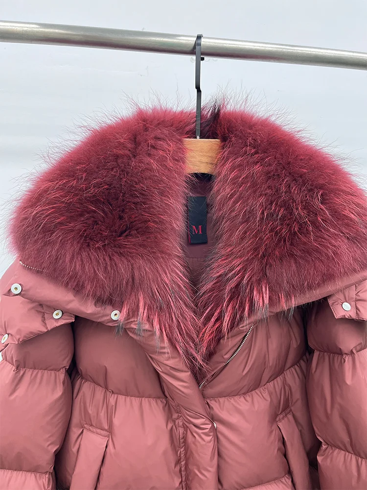 New Fashion Winter Women Goose Down Jacket Real Fox Raccoon Fur Collar Jacket Detachable Sleeves Thick Warm Luxury Female Coat