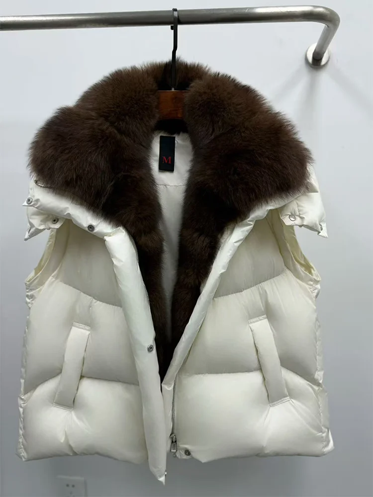 New Fashion Winter Women Goose Down Jacket Real Fox Raccoon Fur Collar Jacket Detachable Sleeves Thick Warm Luxury Female Coat